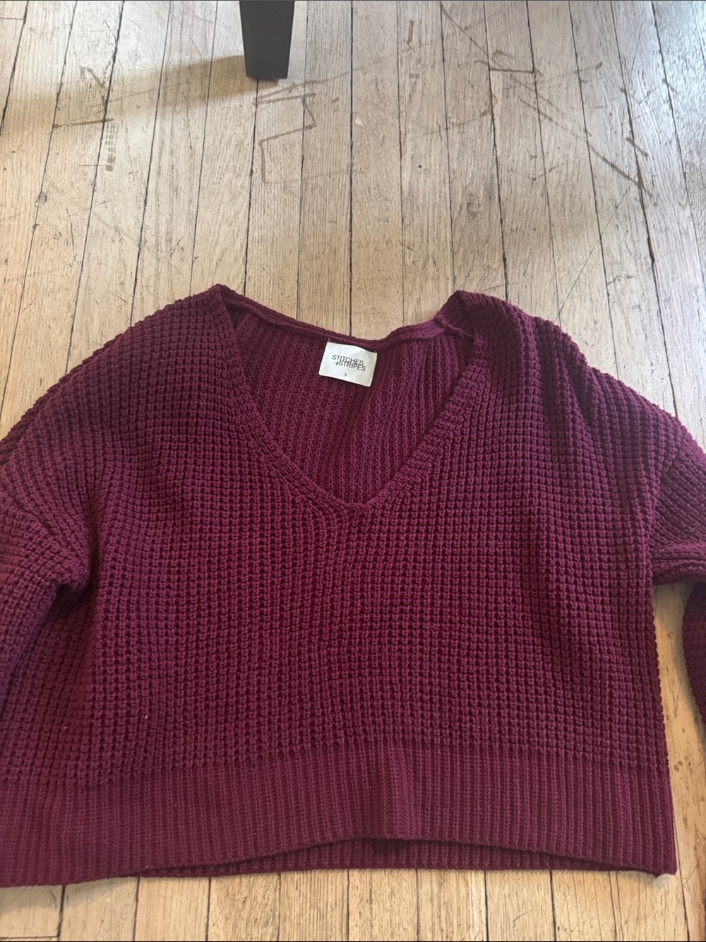 Stitches & Stripes Burgundy V-Neck Waffle Knit Sweater